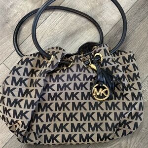 Michael Kors Beige and Black MK Logo Shoulder Bag with Gold Hardware